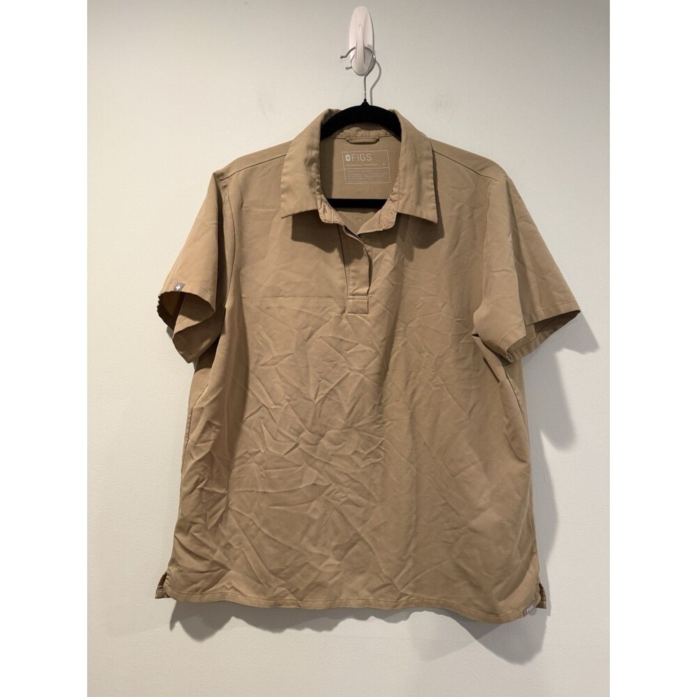 Figs Scrub Top XL Tan Short Sleeve Pocket Collared 3 Button Stretch Work Uniform